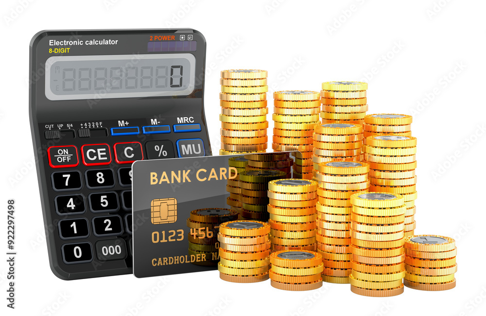 Poster calculator with credit bank card and stack of golden coins, 3d rendering isolated on transparent bac