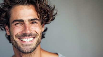 Obraz premium Radiant man with a glowing complexion, smiling at the camera. Copy space available on the right side.