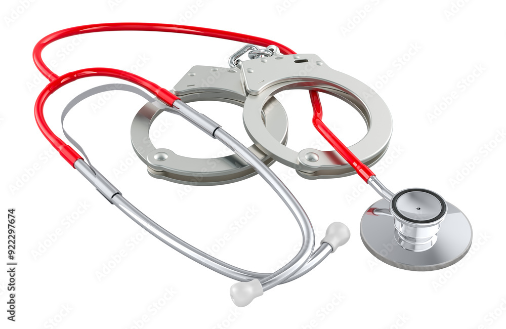 Poster handcuffs and stethoscope, 3d rendering isolated on transparent background