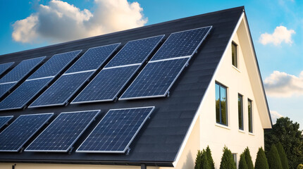 Fototapeta premium Solar panels on a modern house during a clear day in a suburban neighborhood