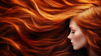 Vibrant waves of fiery red hair flow dramatically against a dark background, showcasing the beauty and movement of luxurious, healthy tresses.