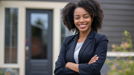 A portrait of an African American female real estate agent in professional attire, smiling  in front of a luxury home. The sunny day and green lawn enhance the confident, welcoming atmosphere.