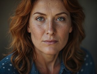 Portrait of caucasian middle aged woman of 40s with reddish hair looking at camera on gray background
