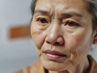 Cropped face of senior asian woman looking aside