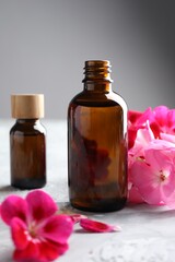 Bottles of geranium essential oil and beautiful flowers on light grey textured table, closeup