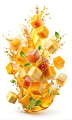 Creative Exotic Mango Fruit in Mid Air with Swirling Ice and Juice, Dynamic Splashing Action and Vibrant Liquid Motion for Fresh, Energetic Visuals for Poster and Digital Design