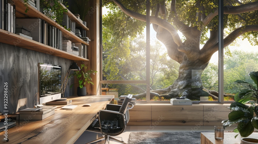 Poster workspace with a large tree and modern decor, providing a natural touch. ample copy space on the lef