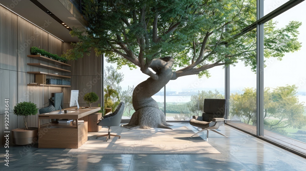 Poster workspace with a large tree and modern decor, providing a natural touch. ample copy space on the lef