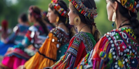 Fototapeta premium A group of women wearing colorful clothing and headdresses sit together