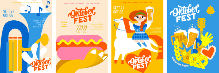 4 minimalist posters for Oktoberfest! National flavor, beer mugs, food, festive atmosphere and lots of beer. A4 vector templates are ideal for advertising this event.
