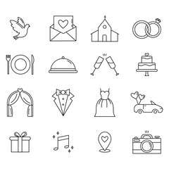 A modern set of wedding line icons. Collection of marriage themed objects. Dove, invitation, church, plate, crockery, champagne glasses, cake, rings, tux, tuxedo, dress, car, gift, photo camera.
