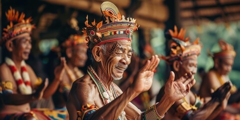 A group of men are wearing colorful hats and are clapping their hands
