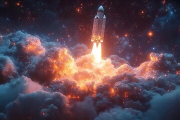 futuristic laptop with holographic display projecting a sleek rocket launch symbolizing rapid business growth and digital innovation in a glowing cyberenvironment