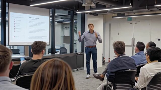 Engaging Business Presentation: A dynamic speaker captivates a diverse team during an engaging presentation in a modern office setting.