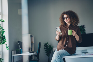 Photo of charming woman curly hair wear brown shirt relax rest office indoors workstation workspace