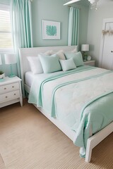  bedroom with teal decor and framed art.