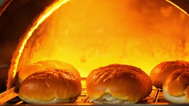 The Golden bread rolls bake in a wood-fired oven, emitting a warm glow.
