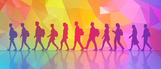 Colorful Silhouette of People Walking in a Line with Bags