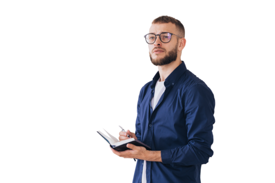 Thoughtful man with glasses writing in a notebook, deep in concentration. Wearing casual attire, he stands isolated on a transparent background - Powered by Adobe