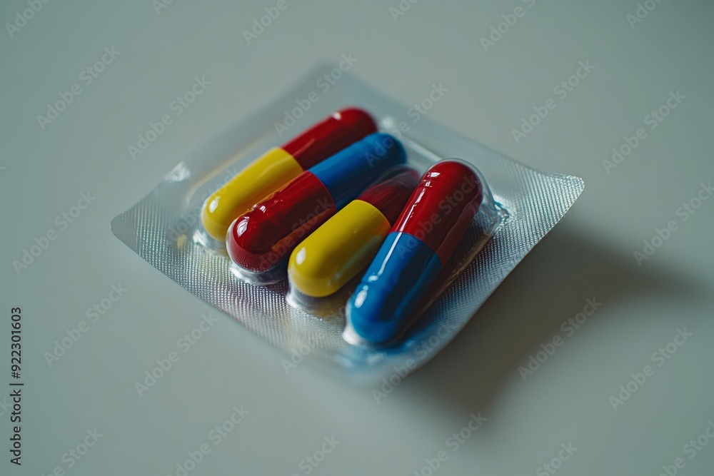 Poster blister pack containing various colorful capsules on a gray background symbolizing the precision and