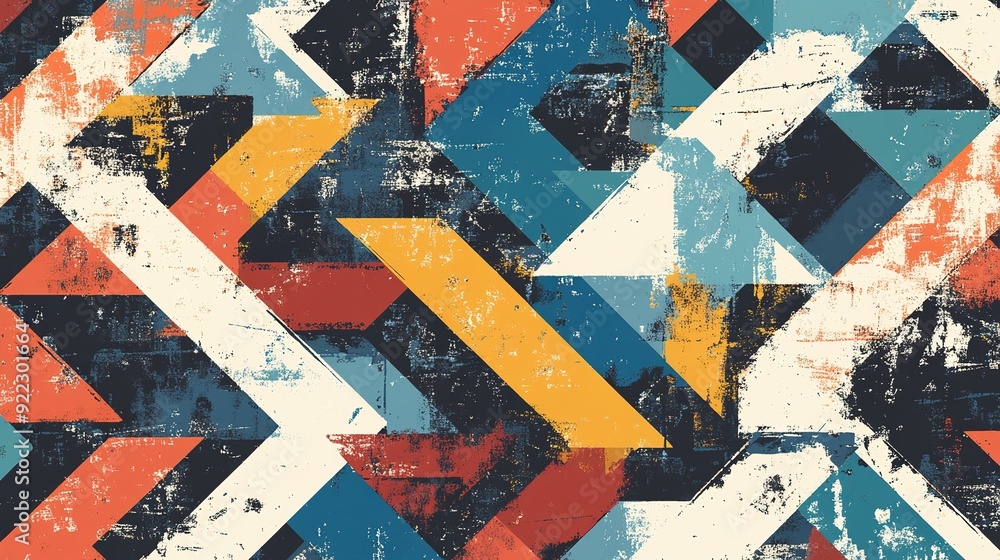Poster abstract geometric pattern with grunge texture in warm and cool colors