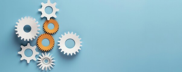 Interlocking gears on a blue background symbolizing teamwork, engineering, and mechanical innovation with a minimalistic design.