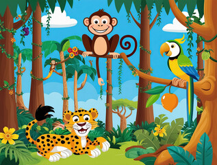 Naklejka premium Illustration of the wild animals near the big tree 