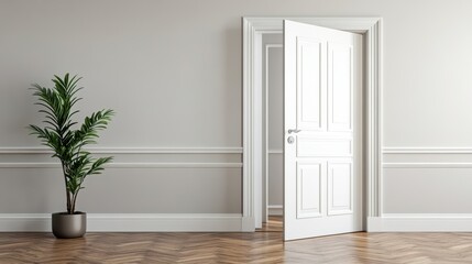A white door with a potted plant in front of it, AI