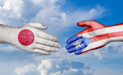 Puerto Rico and Japan country handshaking with flags, consensus concept international co-operation illustration