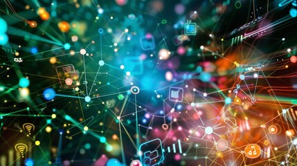 Fototapeta premium Abstract digital network with colorful nodes and connections representing technology and data flow.