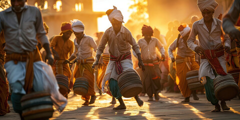 A group of men are playing drums and dancing in the street