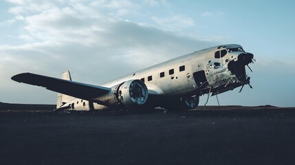 Obraz premium A weathered airplane sits abandoned on a dark landscape.