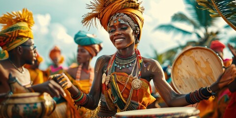 A woman wearing a colorful head wrap and a necklace is playing a drum