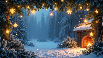 Fir tree branches and golden stars on snowy blue background. Winter holidays template with copy space for greeting card, invitation, poster. Merry Christmas and Happy New Year.