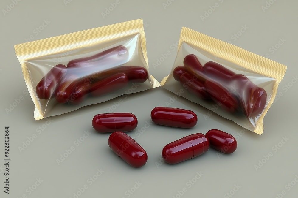 Poster plastic bag containing red capsules placed on a gray background symbolizing the importance of secure
