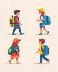 Flat Design children with backpacks first day of school walking vector playful icons basic shapes vibrant colors