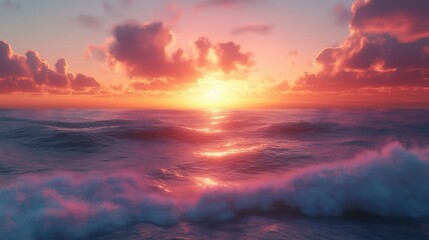 Obraz premium Ocean waves roll under a vibrant pink and orange sunset sky over the open sea.