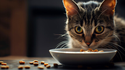 A cat looking at full bowl of cat food
