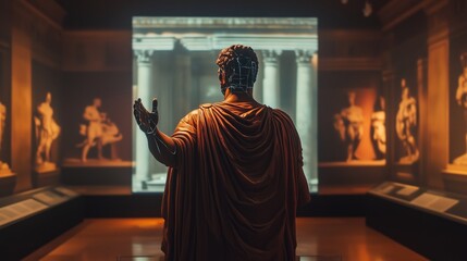 Naklejka premium A modernized statue in an art gallery engages with digital exhibits in the evening