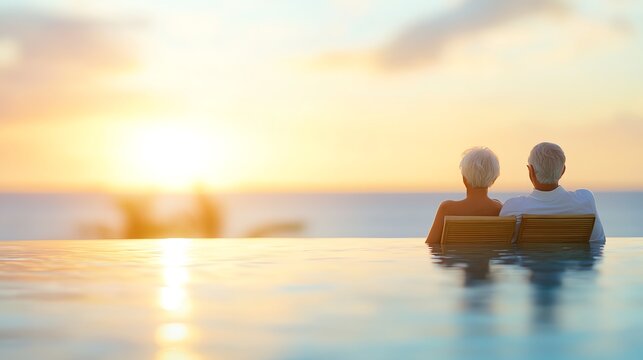 A peaceful moment for a senior couple enjoying a sunset view by the pool, symbolizing love and relaxation.