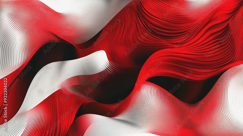 Poster abstract red and white wave patterns create a dynamic visual effect in a modern design setting