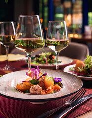 Exquisite fusion cuisine on a elegant plate, highlighting local and seasonal products served with a glass of white vine on the table in a luxury restaurant