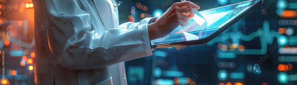 Poster a medical professional using a digital tablet to analyze data in a futuristic healthcare environment
