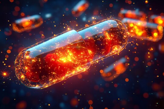Explosive image of a glowing capsule breaking apart in a fiery burst symbolizing the powerful impact of modern pharmaceuticals in combating diseases and enhancing health