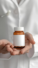 Zoomed-in photo of hands holding medicine pills bottle with a empty white paper arround that works as a mockup