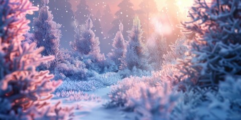 A snowy forest with trees covered in snow