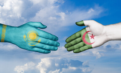 Kazakhstan and Algeria country handshaking with flags, consensus concept international co-operation illustration