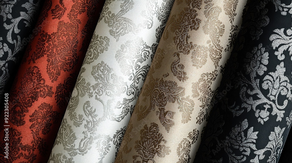 Aufkleber elegant rolls of decorative fabric showcasing intricate damask patterns in various colors on display