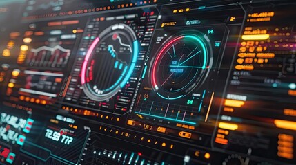 Obraz premium Futuristic dashboard with colorful graphs, data analytics, and monitoring system interface for technology and innovation.