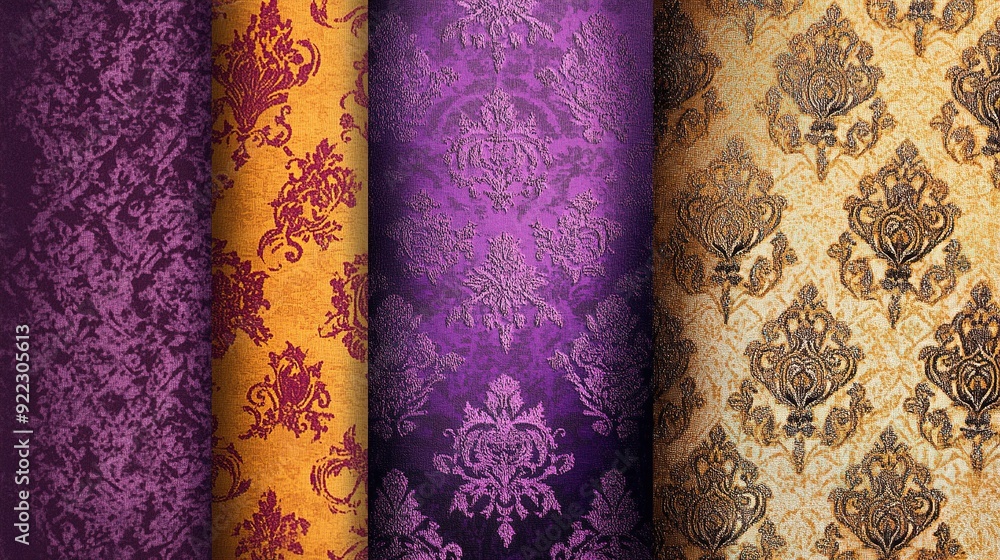 Poster elegant patterned textiles in rich colors displayed side by side